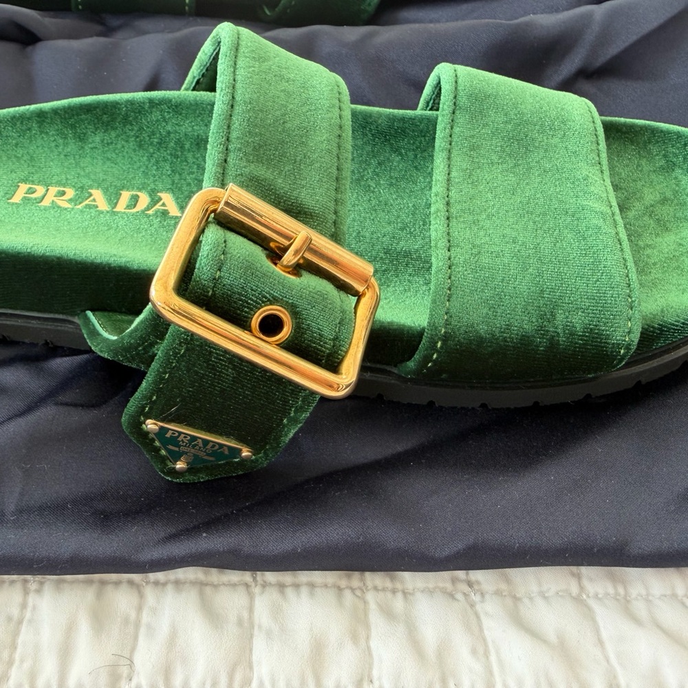 Prada Women Green Velvet Sandals with Gold Buckle